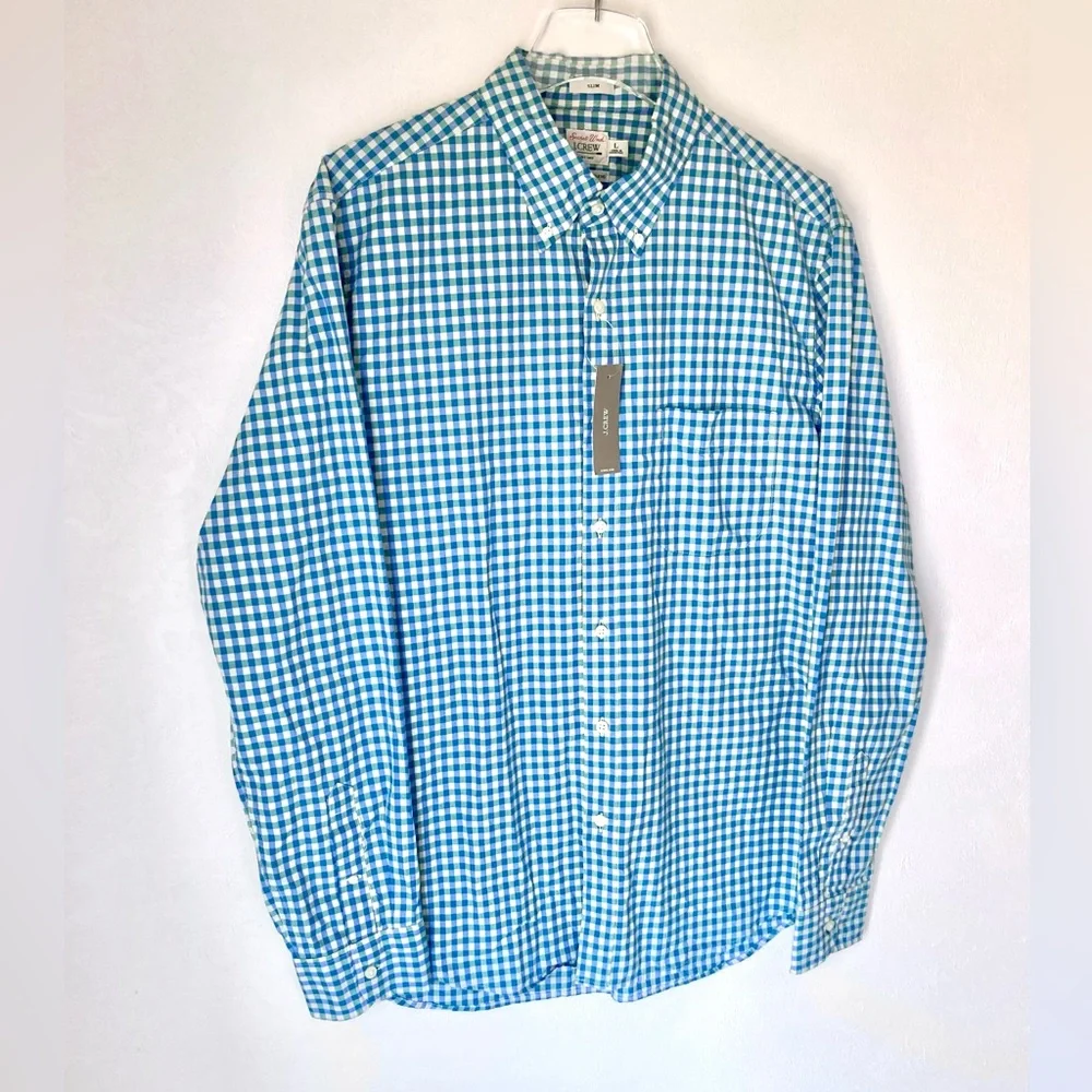 NWT J Crew Secret Wash Gingham cotton poplin shirt Slim Size L